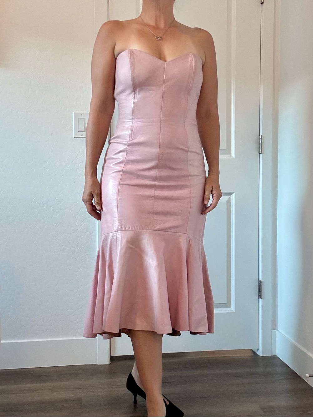 Vakko Bodycon Sweetheart Strapless Fishtail Blush Pink Leather Dress Formal